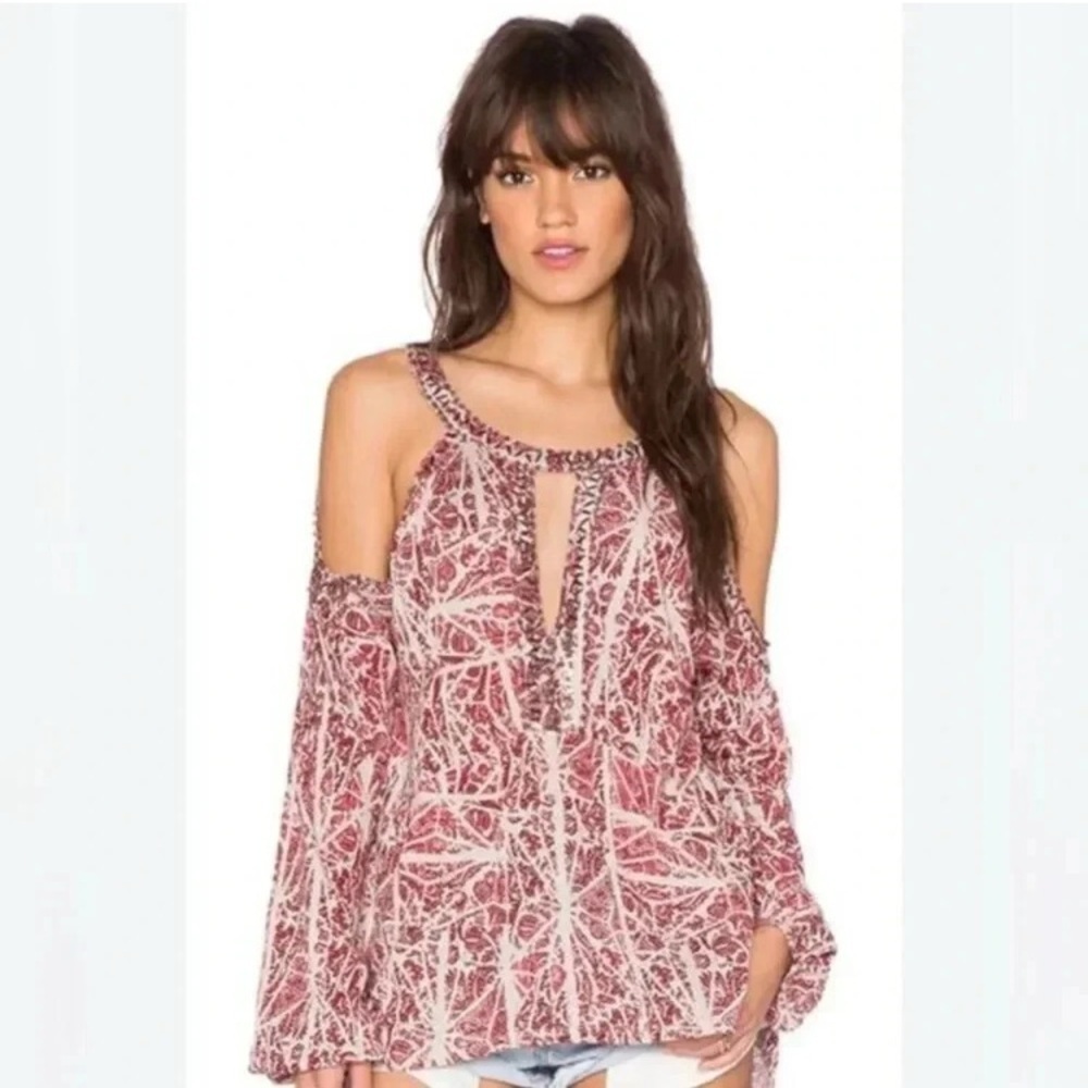Free People Rayon Good Morning Beaded Cold Shoulder Red Sexy Top SS - Picture 8 of 8